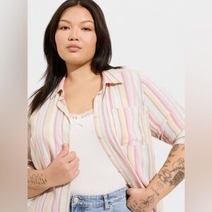 Torrid Rainbow Lizzie Button Up Long Sleeve Shirt Plus Size 2X Rocker Stripe